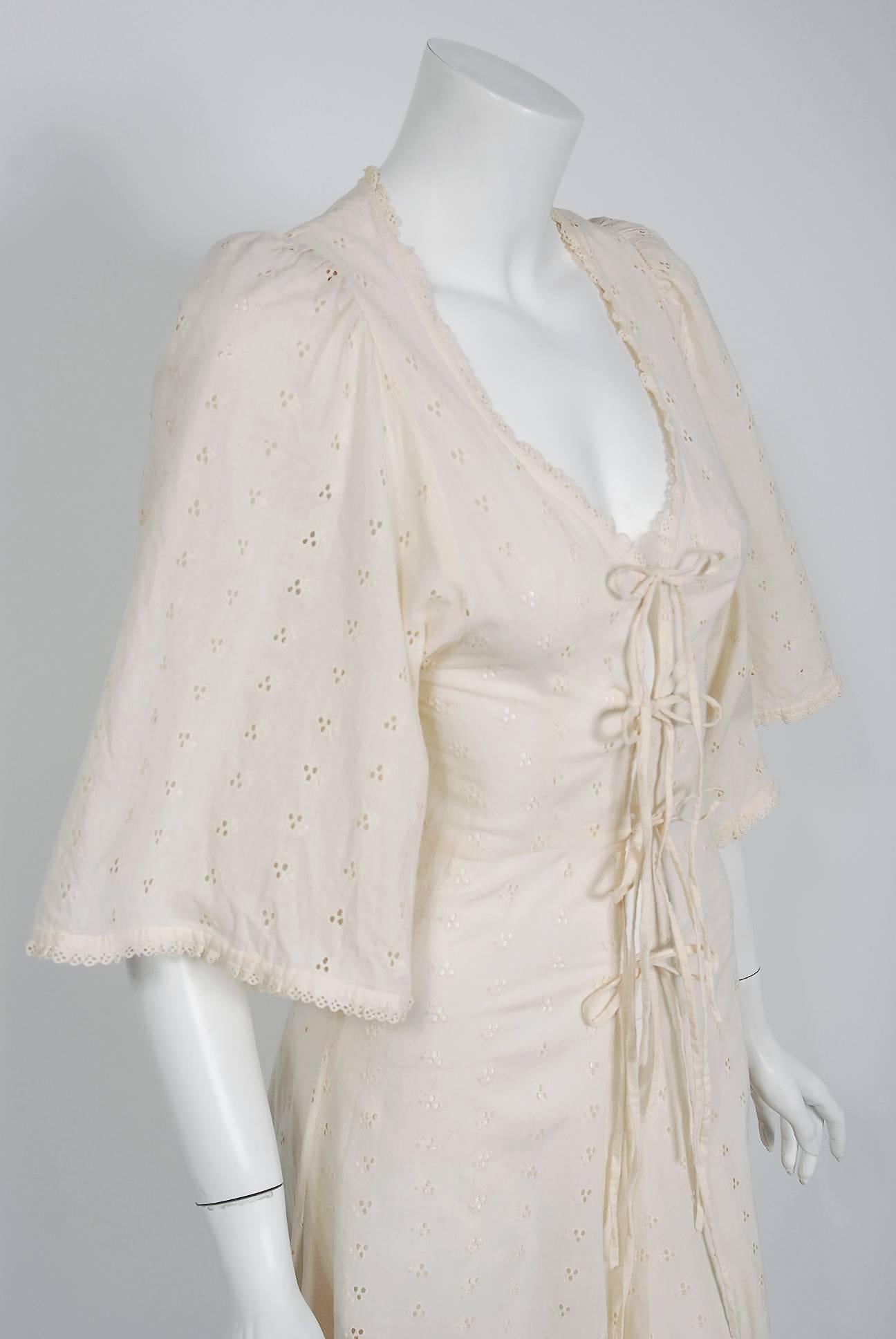 Beige 1972 Biba London Creme Eyelet Cotton Flutter Sleeve Plunge Lace-Up Dress