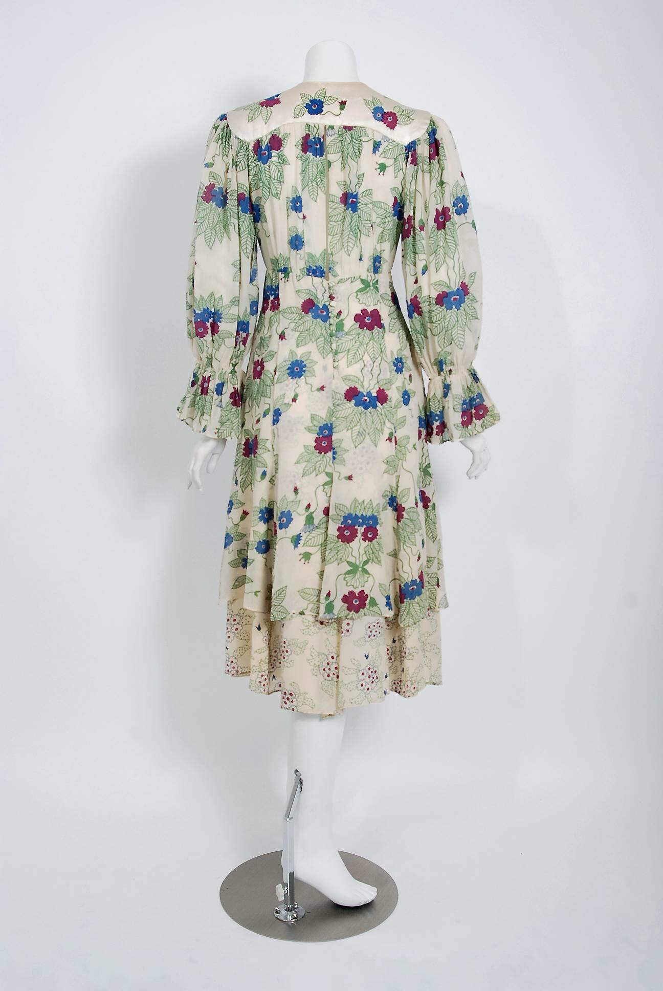 Women's 1973 Ossie Clark Couture Celia Birtwell Floral Print Tiered Silk Chiffon Dress