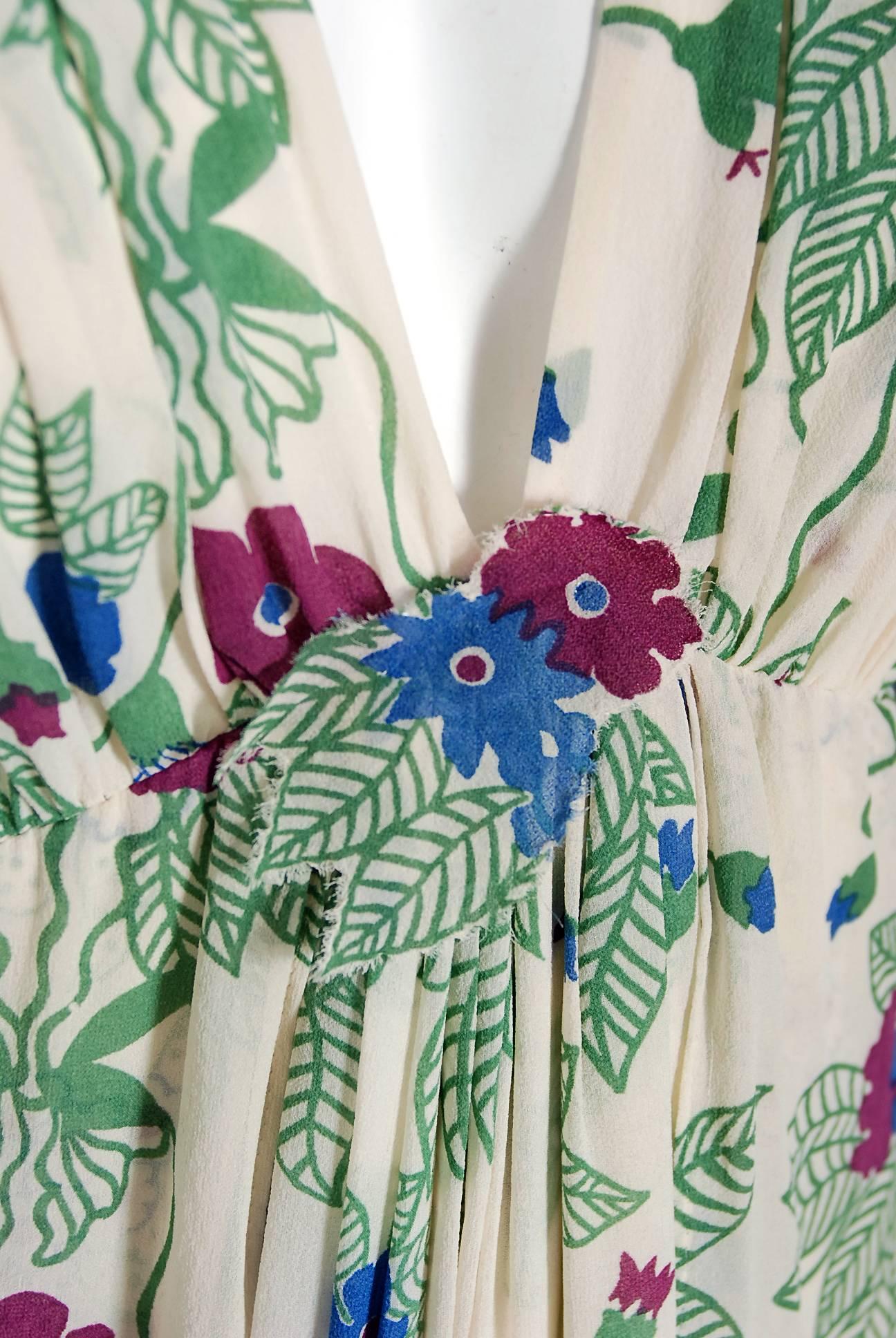 Gray 1973 Ossie Clark Couture Celia Birtwell Floral Print Tiered Silk Chiffon Dress