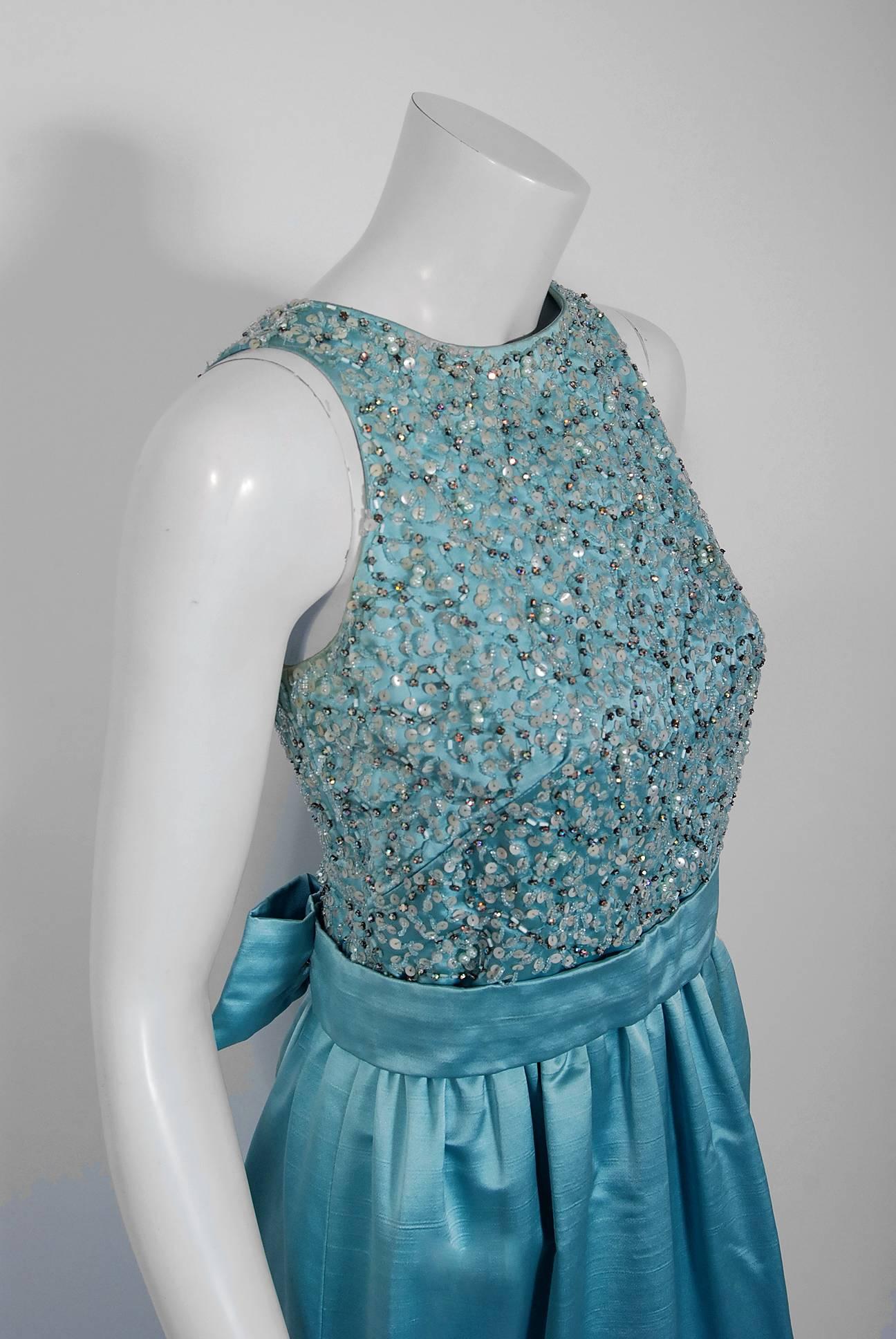 Vintage 1961 Charles Cooper Couture Aqua-Blue Beaded Satin Backless ...