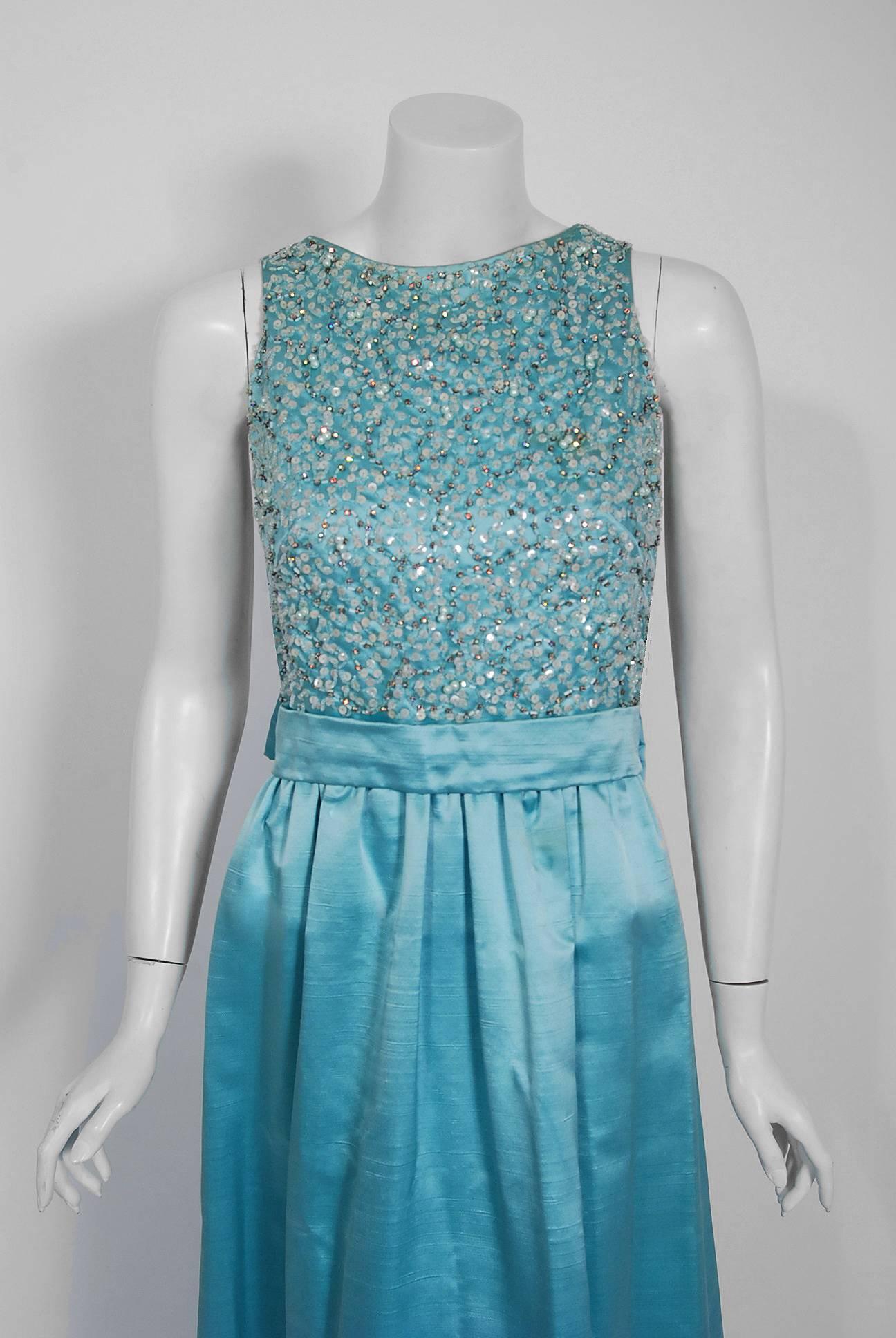 Vintage 1961 Charles Cooper Couture Aqua-Blue Beaded Satin Backless Gown & Coat 1