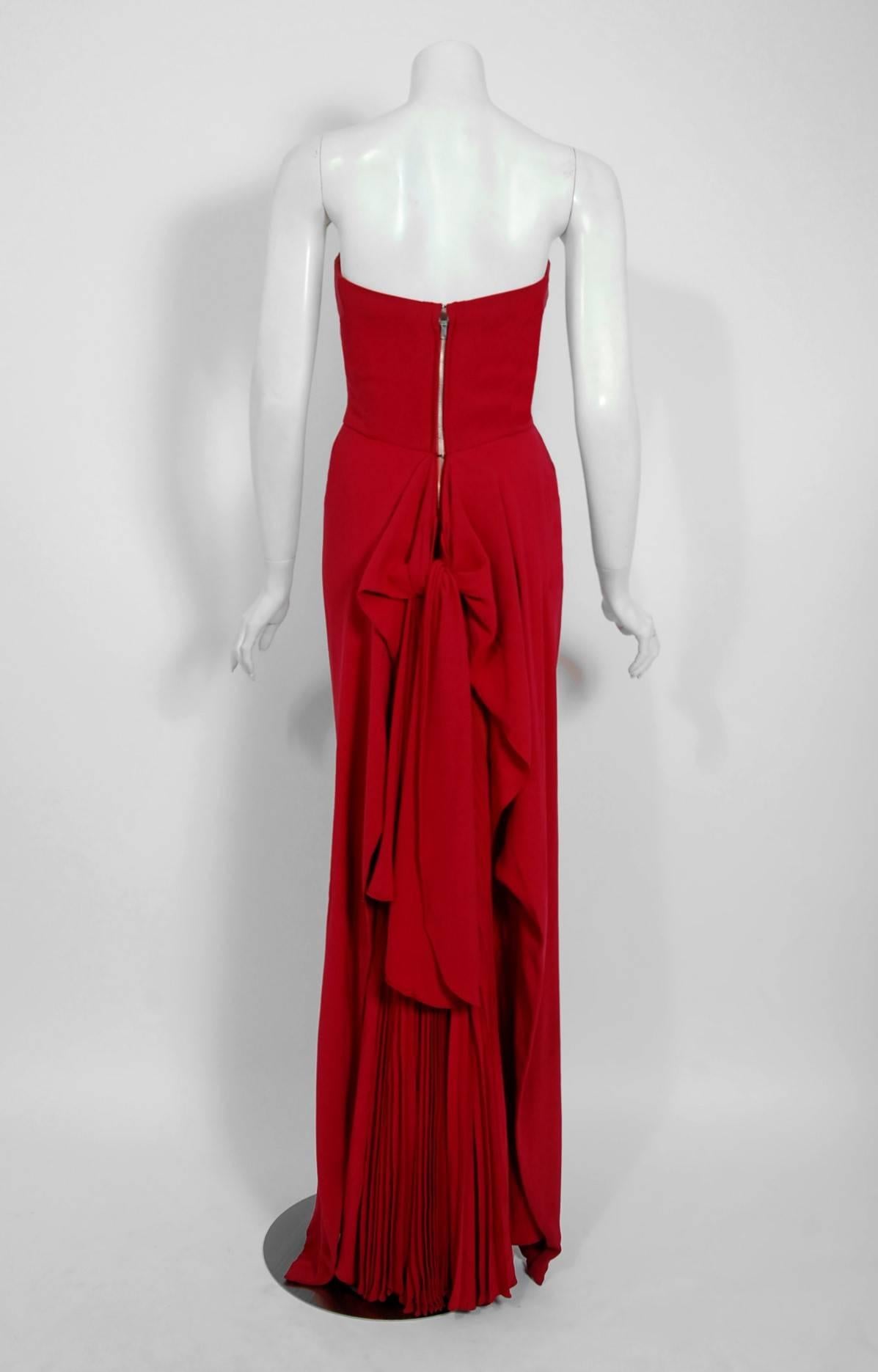 1940's Couture Raspberry Red Pleated Silk Strapless Pleated Back-Bustle Gown  2