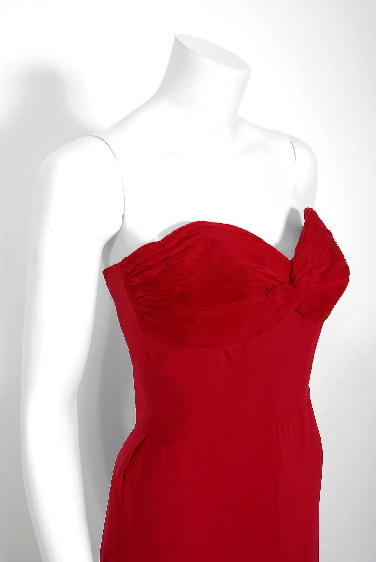 1940's Couture Raspberry Red Pleated Silk Strapless Pleated Back-Bustle Gown  In Good Condition In Beverly Hills, CA