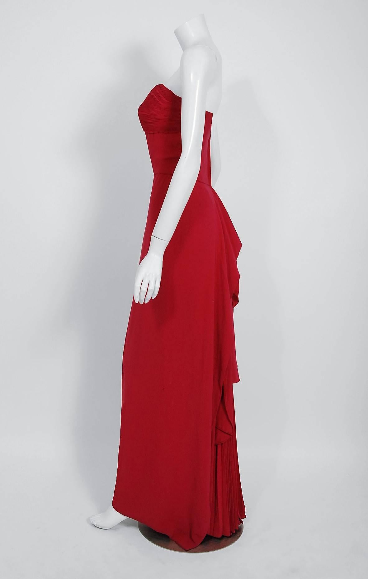 1940's Couture Raspberry Red Pleated Silk Strapless Pleated Back-Bustle Gown  1