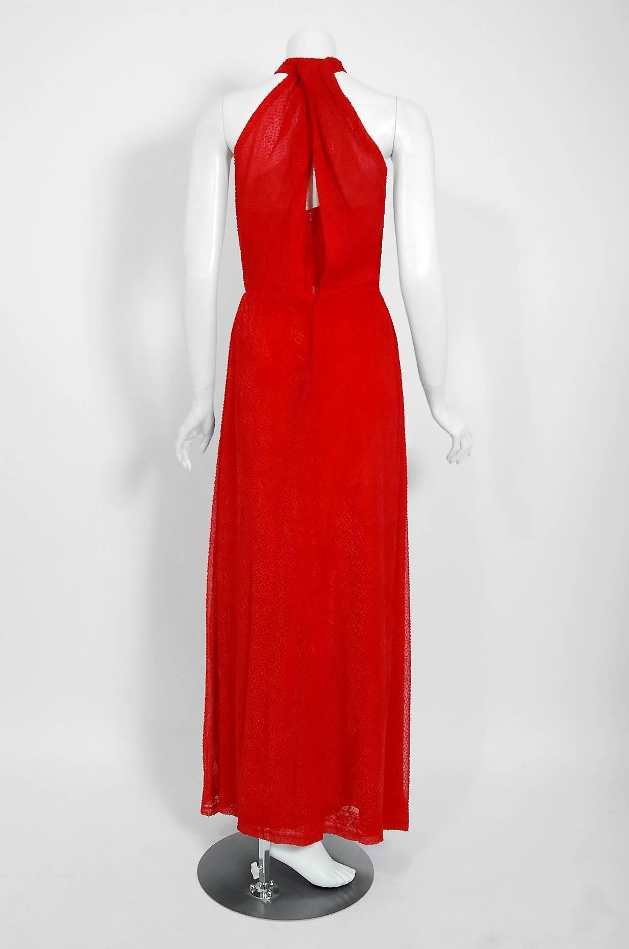 Vintage 1970's Givenchy Red Flecked Silk Draped Criss-Cross Halter Maxi Dress 1