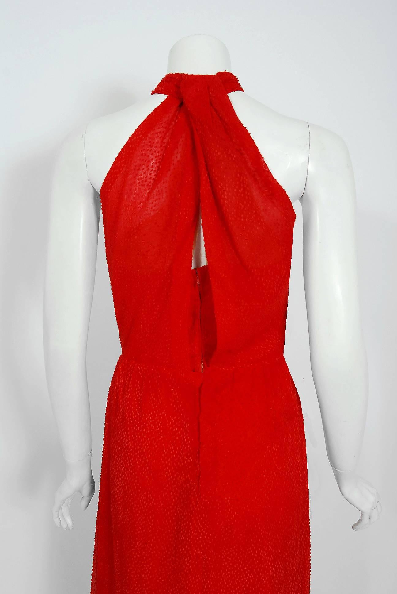 Vintage 1970's Givenchy Red Flecked Silk Draped Criss-Cross Halter Maxi Dress 2