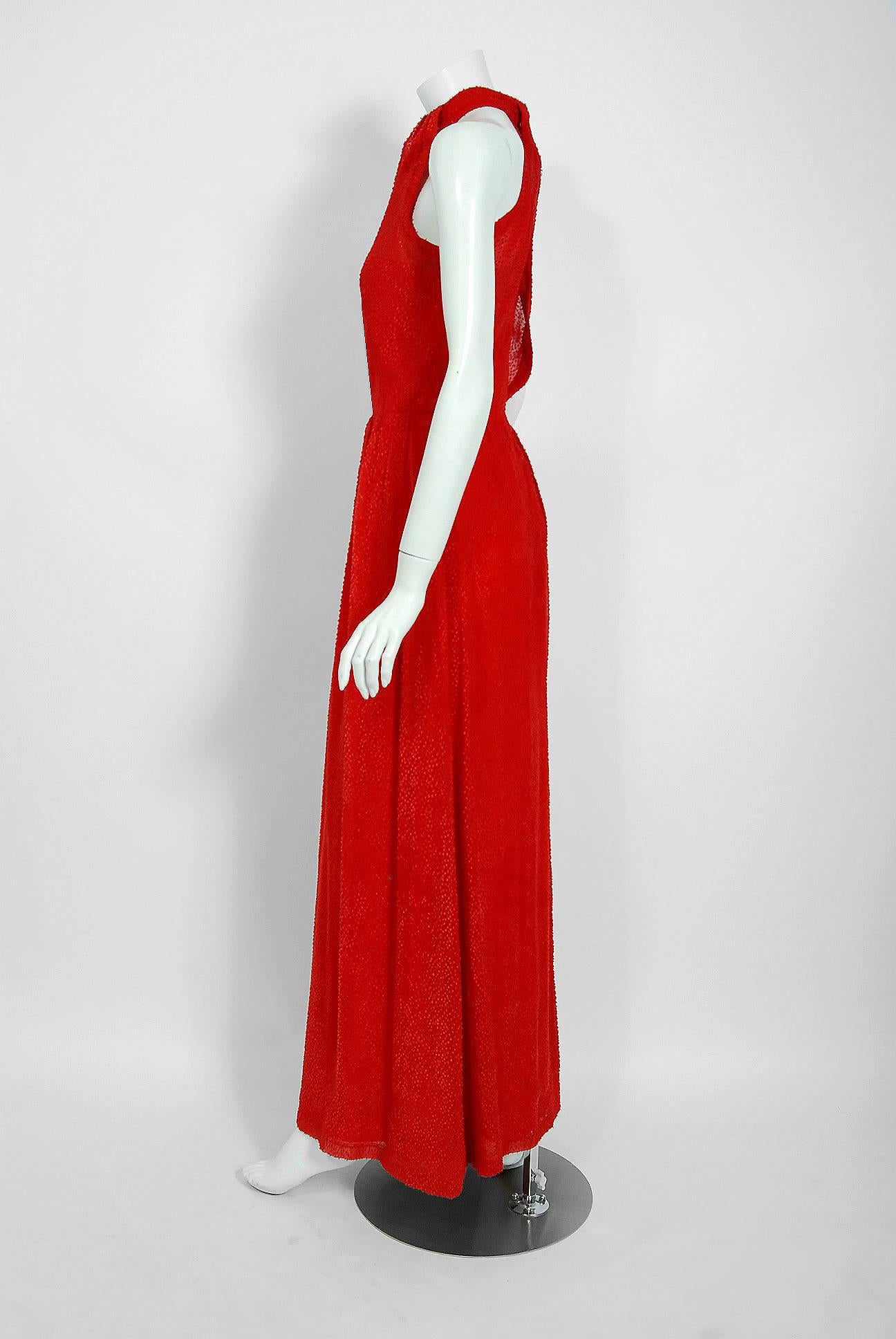 Women's Vintage 1970's Givenchy Red Flecked Silk Draped Criss-Cross Halter Maxi Dress