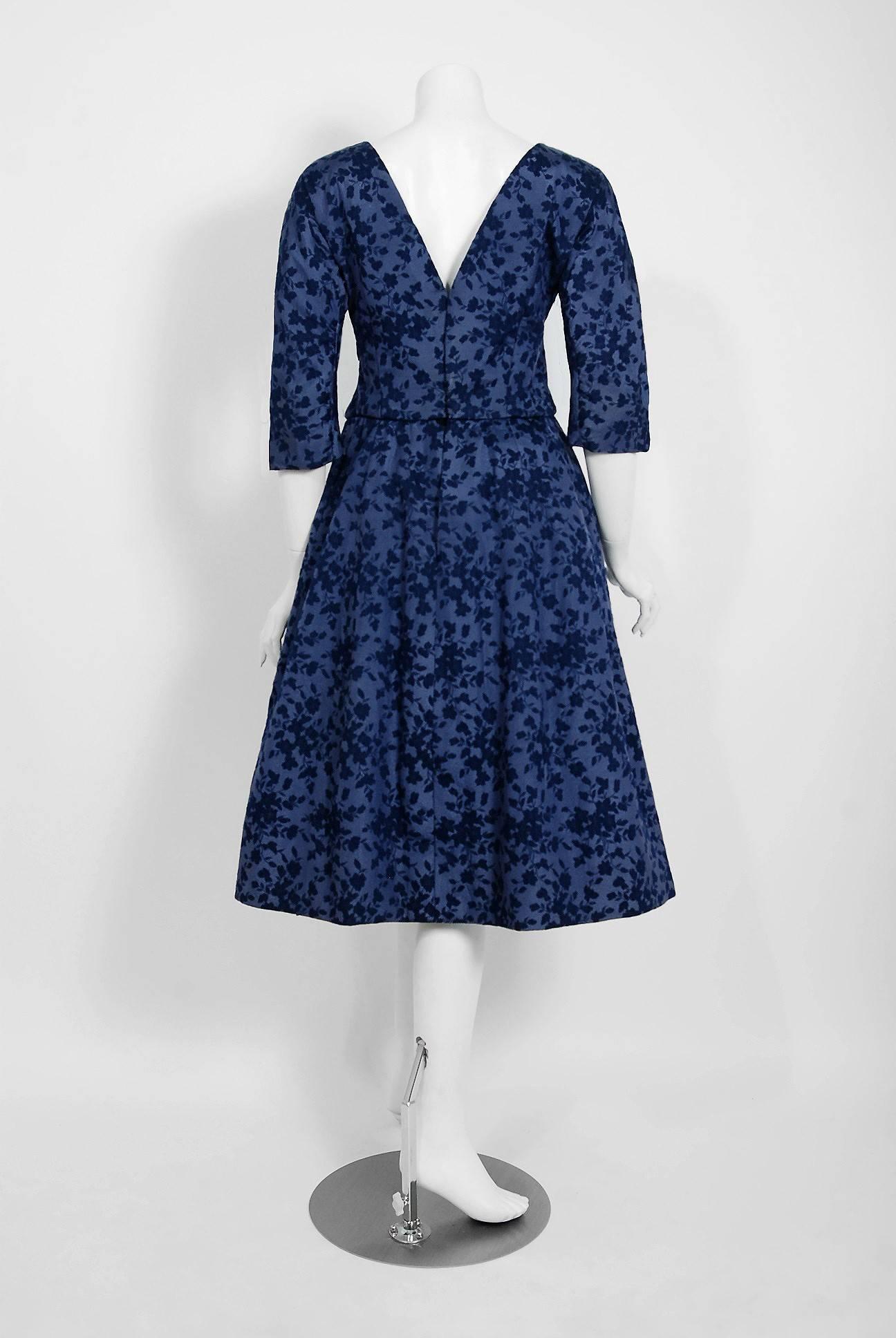 Vintage 1958 YSL for Christian Dior Demi-Couture Blue Floral Silk Full Dress 1
