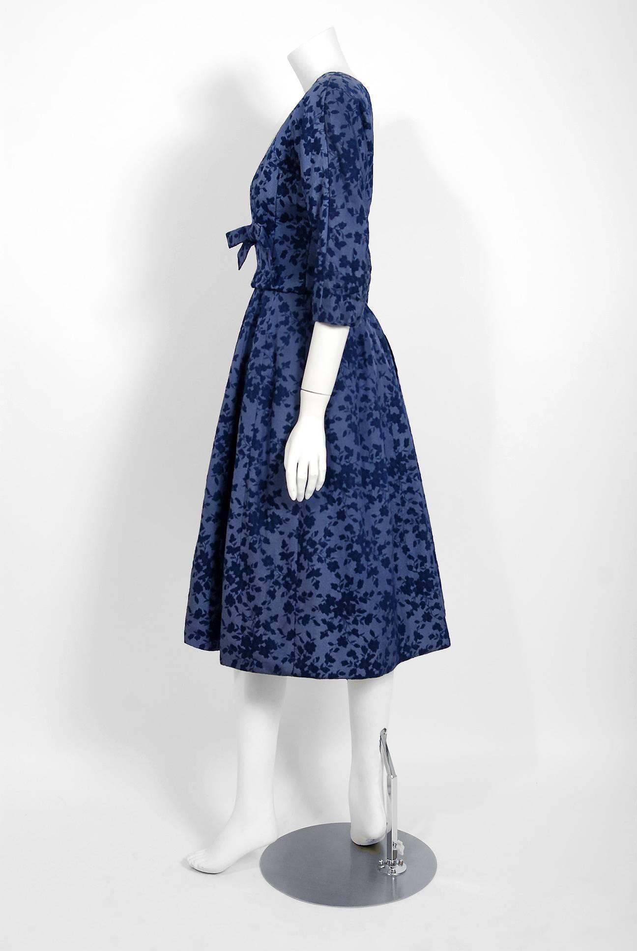 Women's Vintage 1958 YSL for Christian Dior Demi-Couture Blue Floral Silk Full Dress