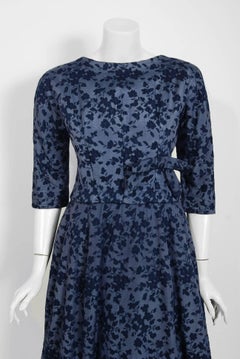 Vintage 1958 YSL for Christian Dior Demi-Couture Blue Floral Silk Full Dress