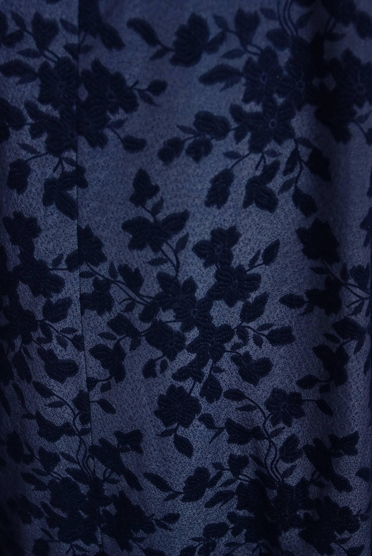 Vintage 1958 YSL for Christian Dior Demi-Couture Blue Floral Silk Full Dress In Good Condition In Beverly Hills, CA
