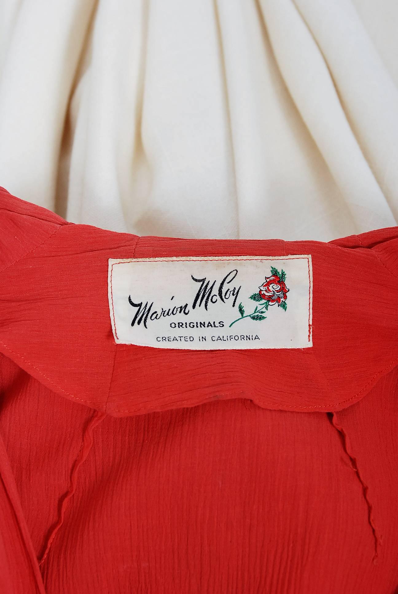 1940's Marion McCoy Under-The Sea Novelty Embroidered Linen Full Skirt Dress  4