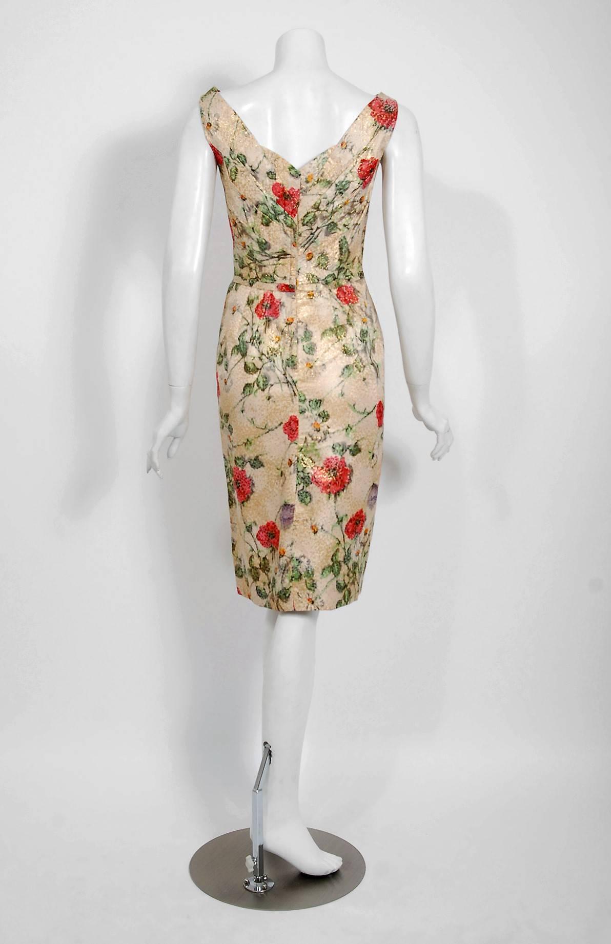 Women's 1950's Ceil Chapman Metallic Floral Silk-Brocade Ruched Hourglass Cocktail Dress