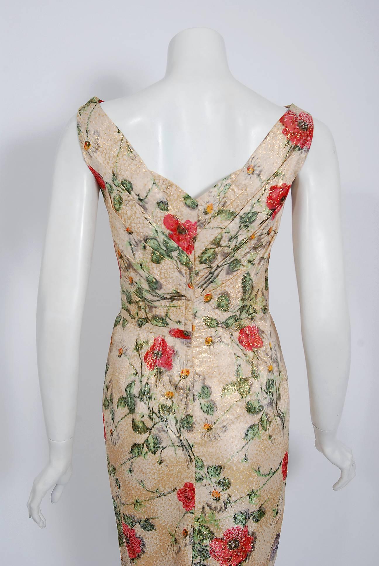 1950's Ceil Chapman Metallic Floral Silk-Brocade Ruched Hourglass Cocktail Dress 1