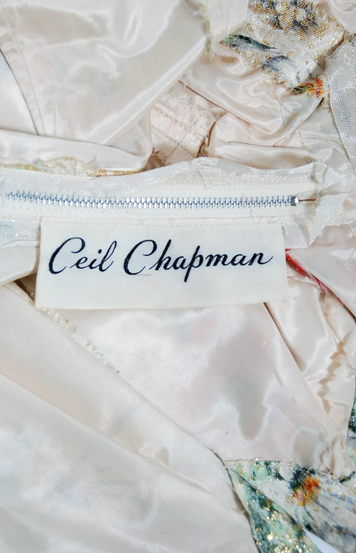 1950's Ceil Chapman Metallic Floral Silk-Brocade Ruched Hourglass Cocktail Dress 2