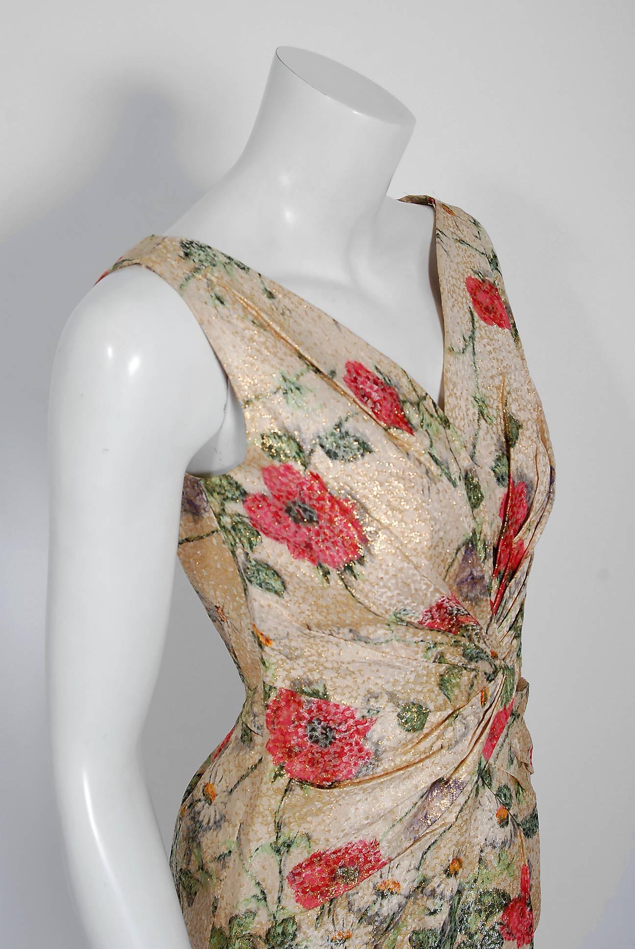 Beige 1950's Ceil Chapman Metallic Floral Silk-Brocade Ruched Hourglass Cocktail Dress