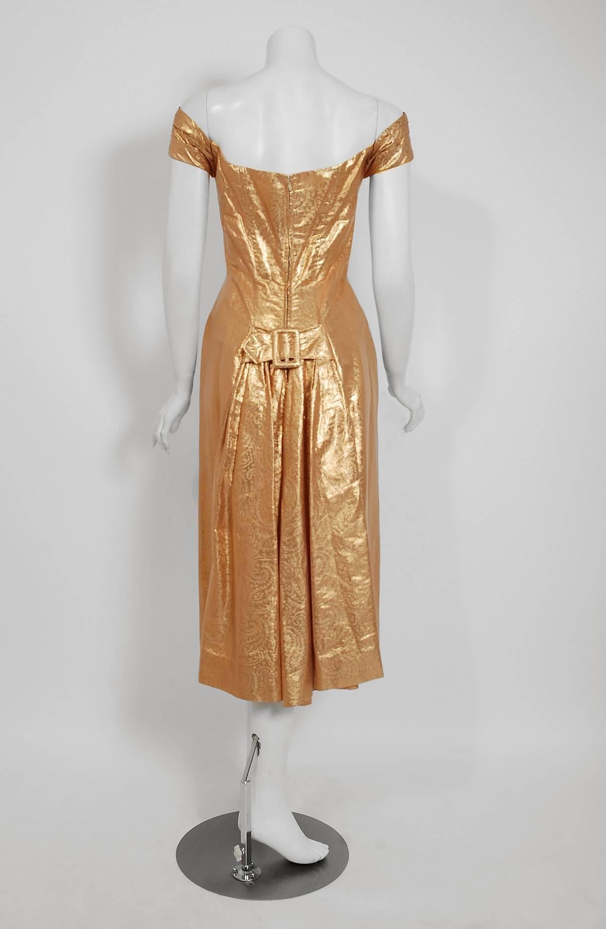 1950's Metallic Gold Lamé Shelf Bust Plunge Hourglass Fishtail Cocktail Dress 1