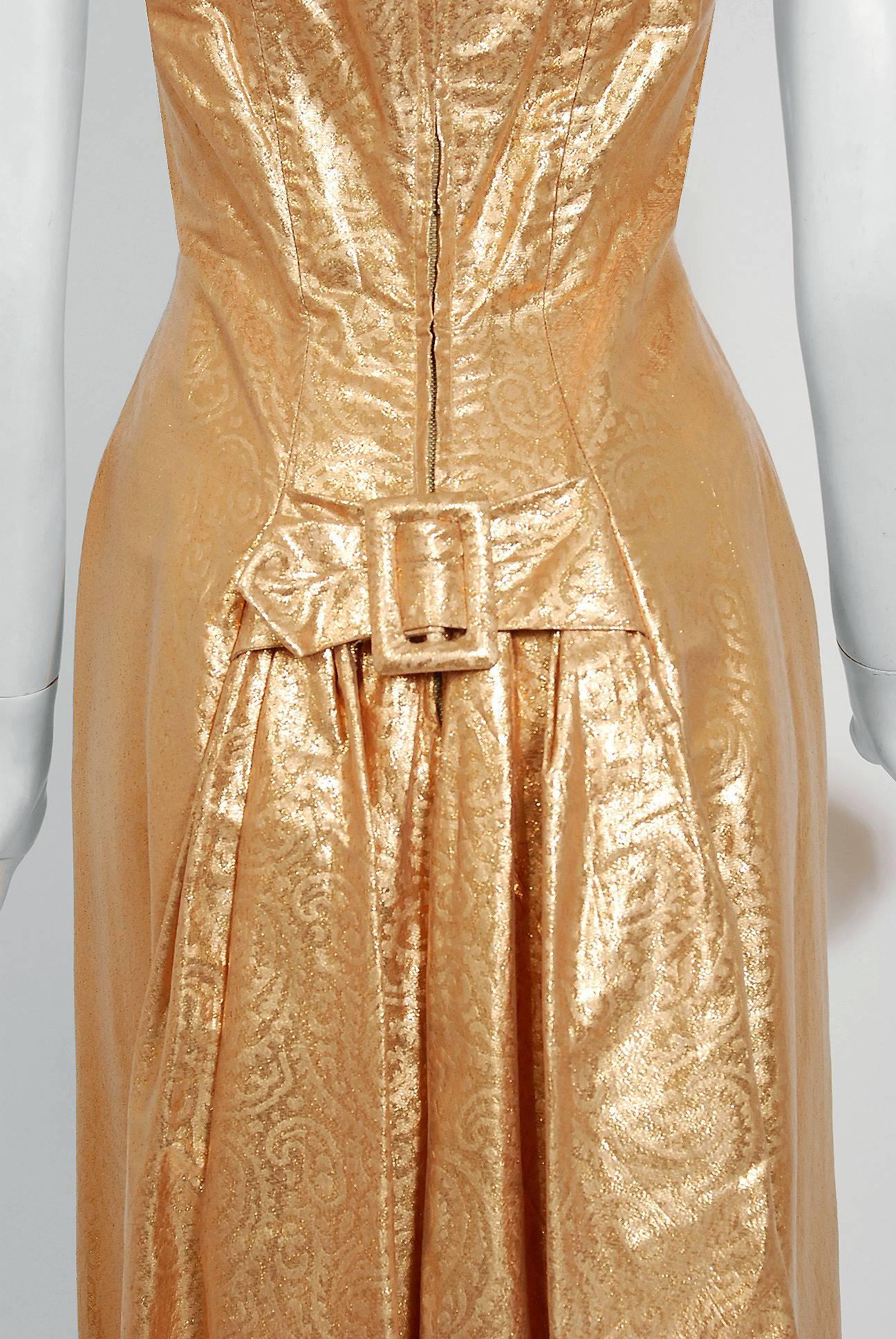1950's Metallic Gold Lamé Shelf Bust Plunge Hourglass Fishtail Cocktail Dress 2