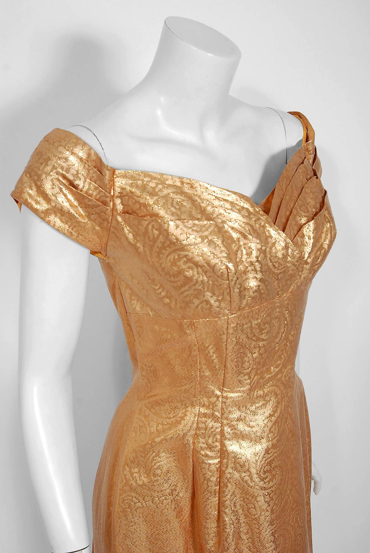 Brown 1950's Metallic Gold Lamé Shelf Bust Plunge Hourglass Fishtail Cocktail Dress