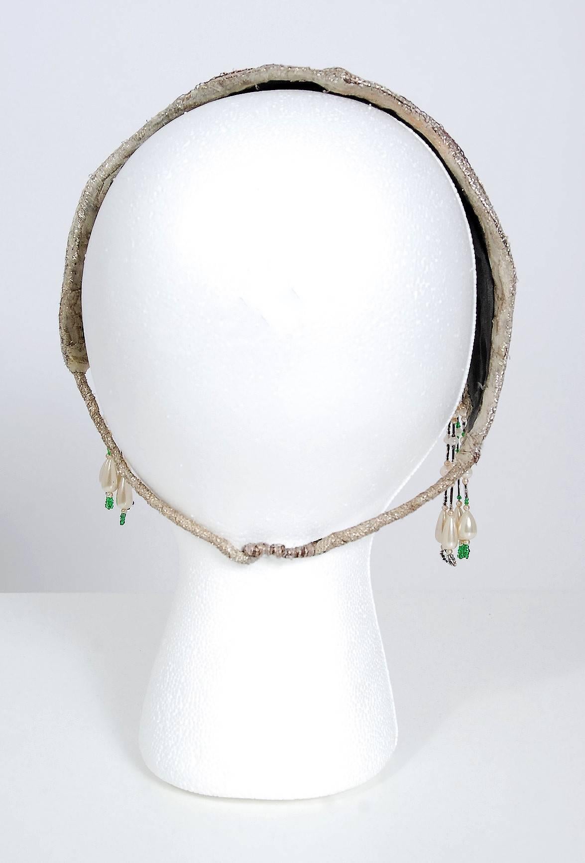 Women's 1920's Metallic Silver Lamé Beaded Green Jeweled Deco Flapper Crown Headpiece