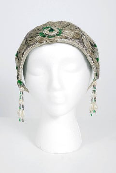1920's Metallic Silver Lamé Beaded Green Jeweled Deco Flapper Crown Headpiece