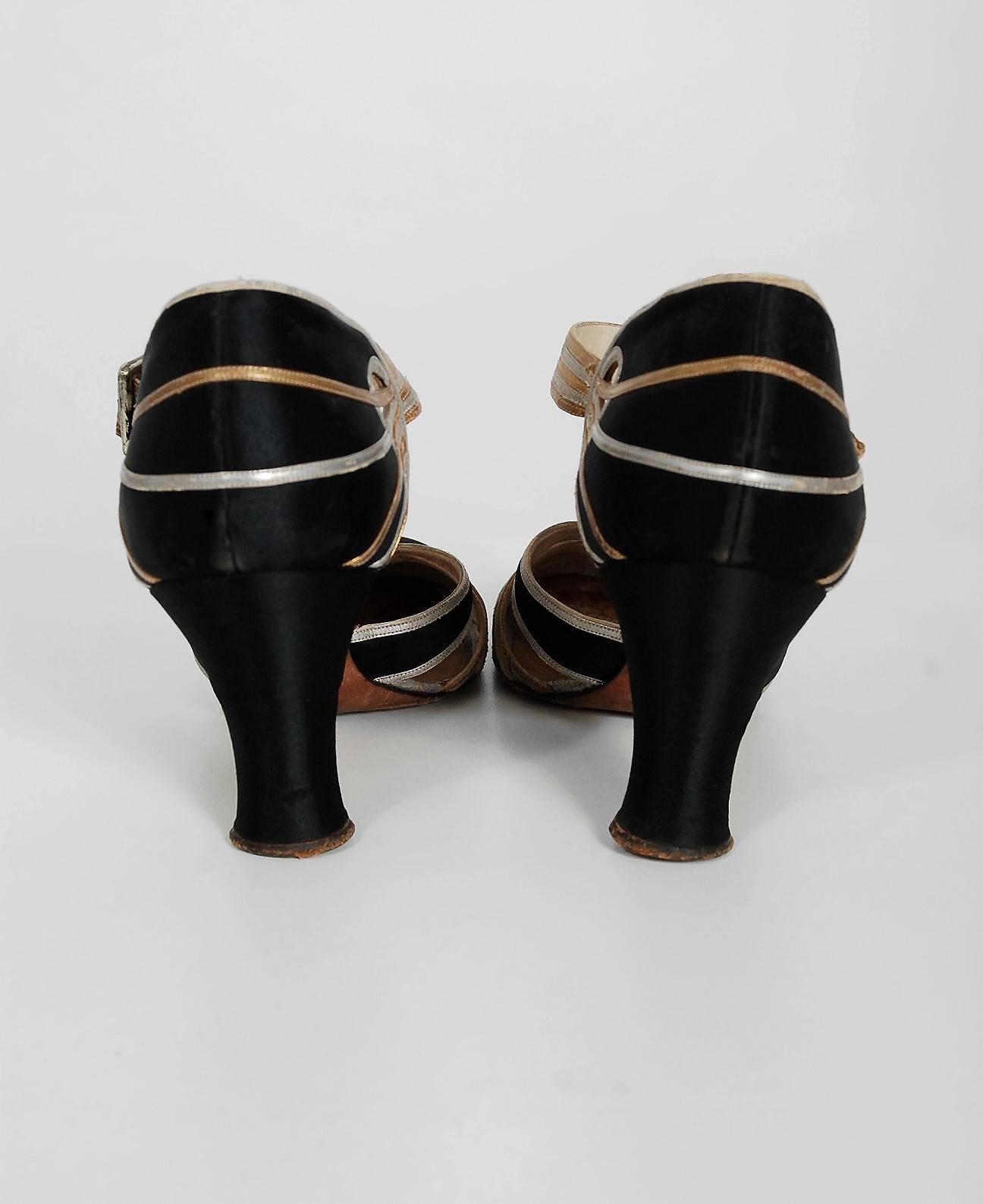 1920's Art Deco Black Silk Metallic Silver & Gold Cut Out Leather Flapper Shoes 2