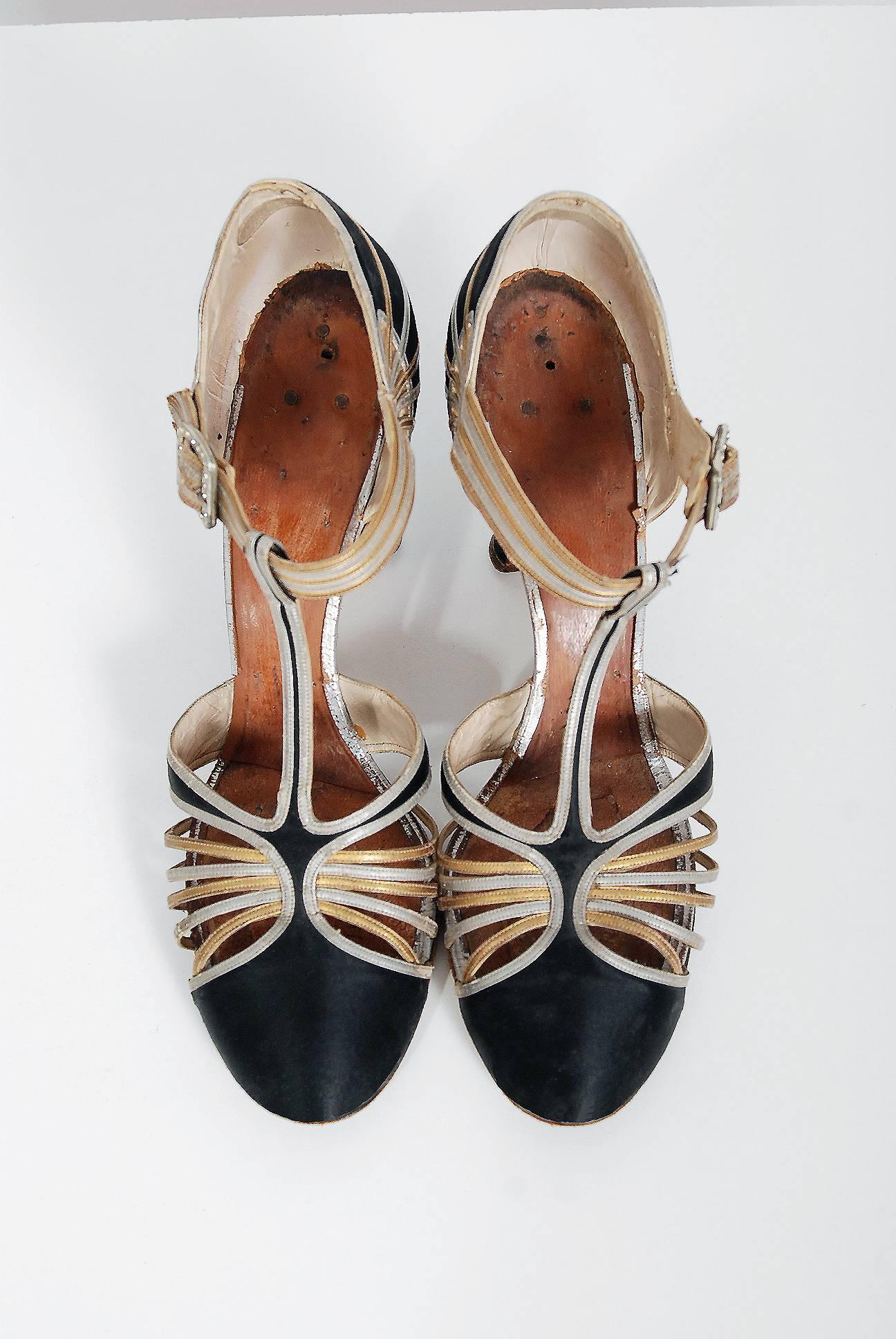 Women's 1920's Art Deco Black Silk Metallic Silver & Gold Cut Out Leather Flapper Shoes