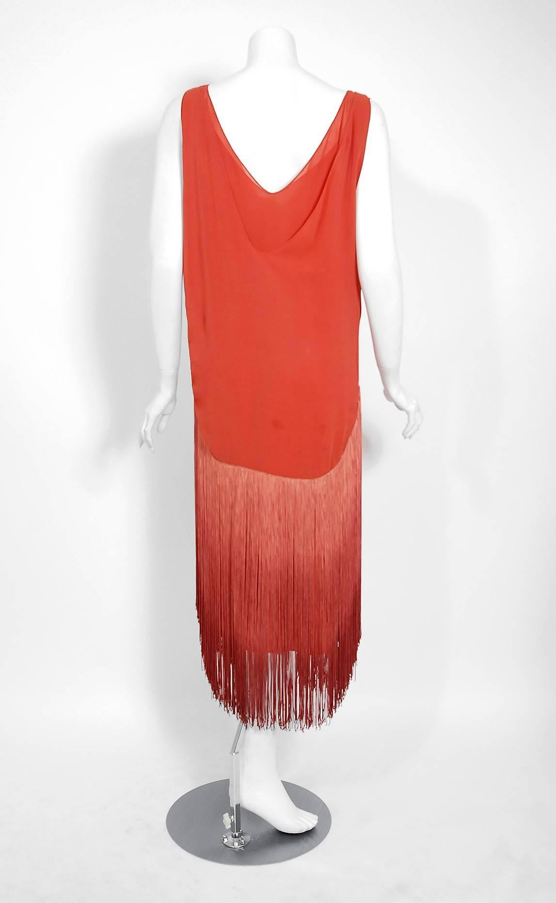 Red Vintage 1920's Cinnamon Silk-Chiffon Sculpted Ombre Fringe Flapper Dress
