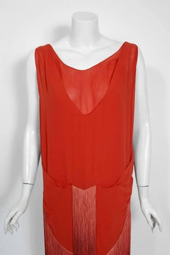 Vintage 1920's Cinnamon Silk-Chiffon Sculpted Ombre Fringe Flapper Dress