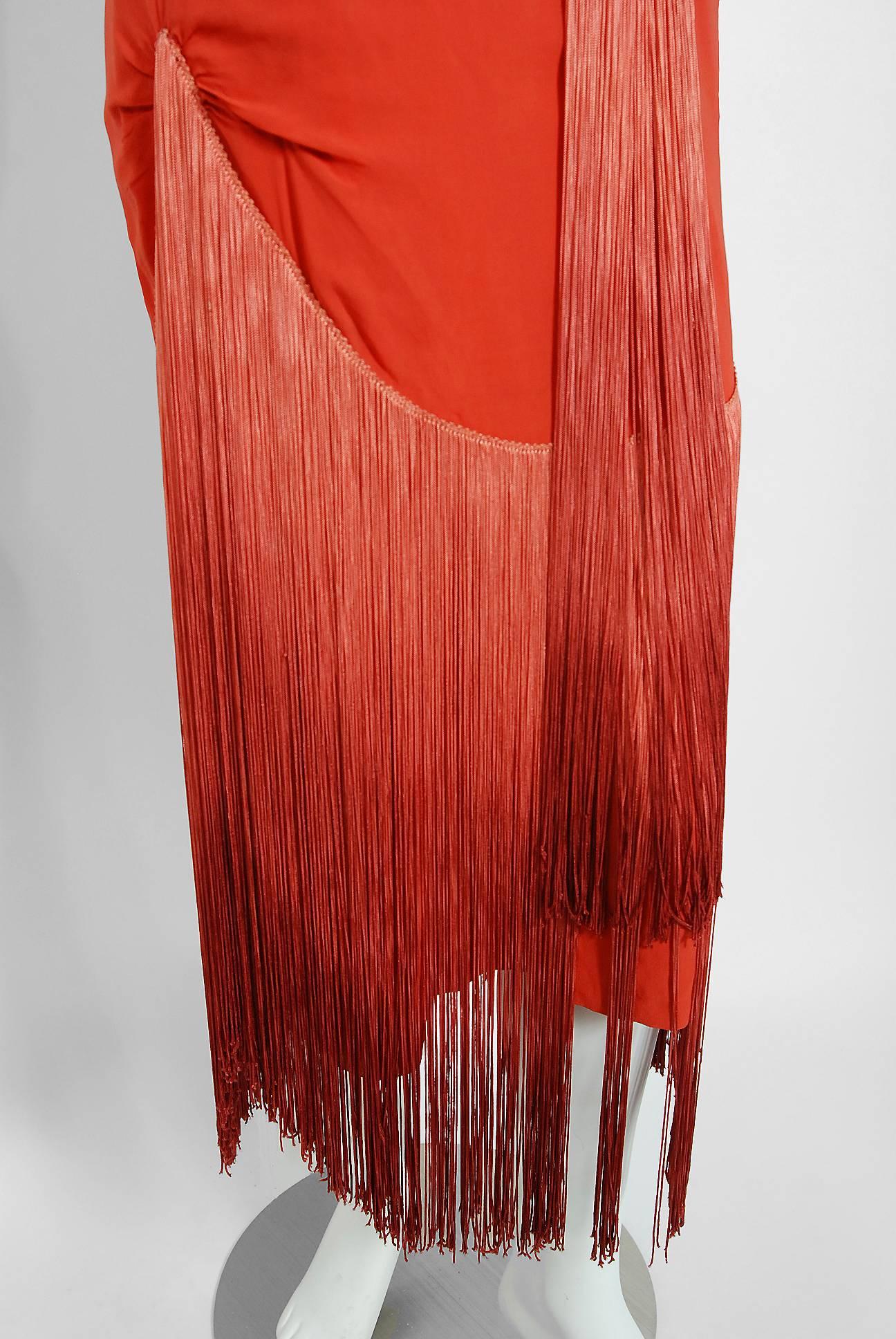 Vintage 1920's Cinnamon Silk-Chiffon Sculpted Ombre Fringe Flapper Dress In Good Condition In Beverly Hills, CA