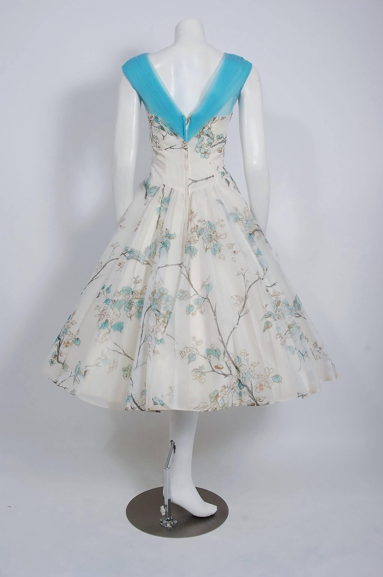 Vintage 1950's Sparrow Bird Garden Novelty Print Chiffon Shelf-Bust Full Dress  2