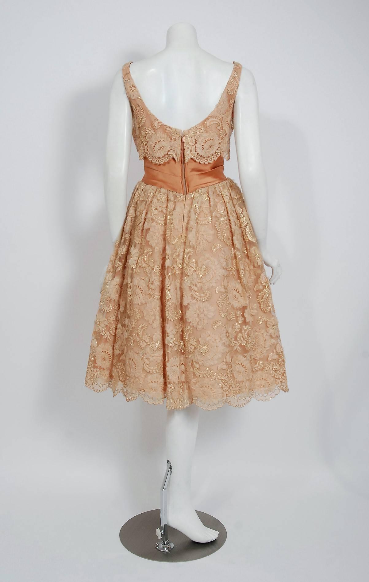 Vintage 1950's Rudolf Couture Metallic Peach Lace & Satin Scalloped Party Dress In Good Condition For Sale In Beverly Hills, CA