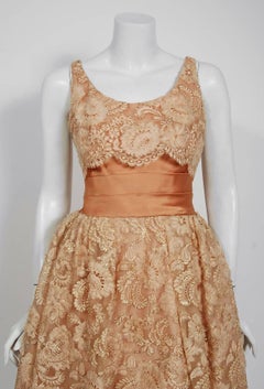 Vintage 1950's Rudolf Couture Metallic Peach Lace & Satin Scalloped Party Dress