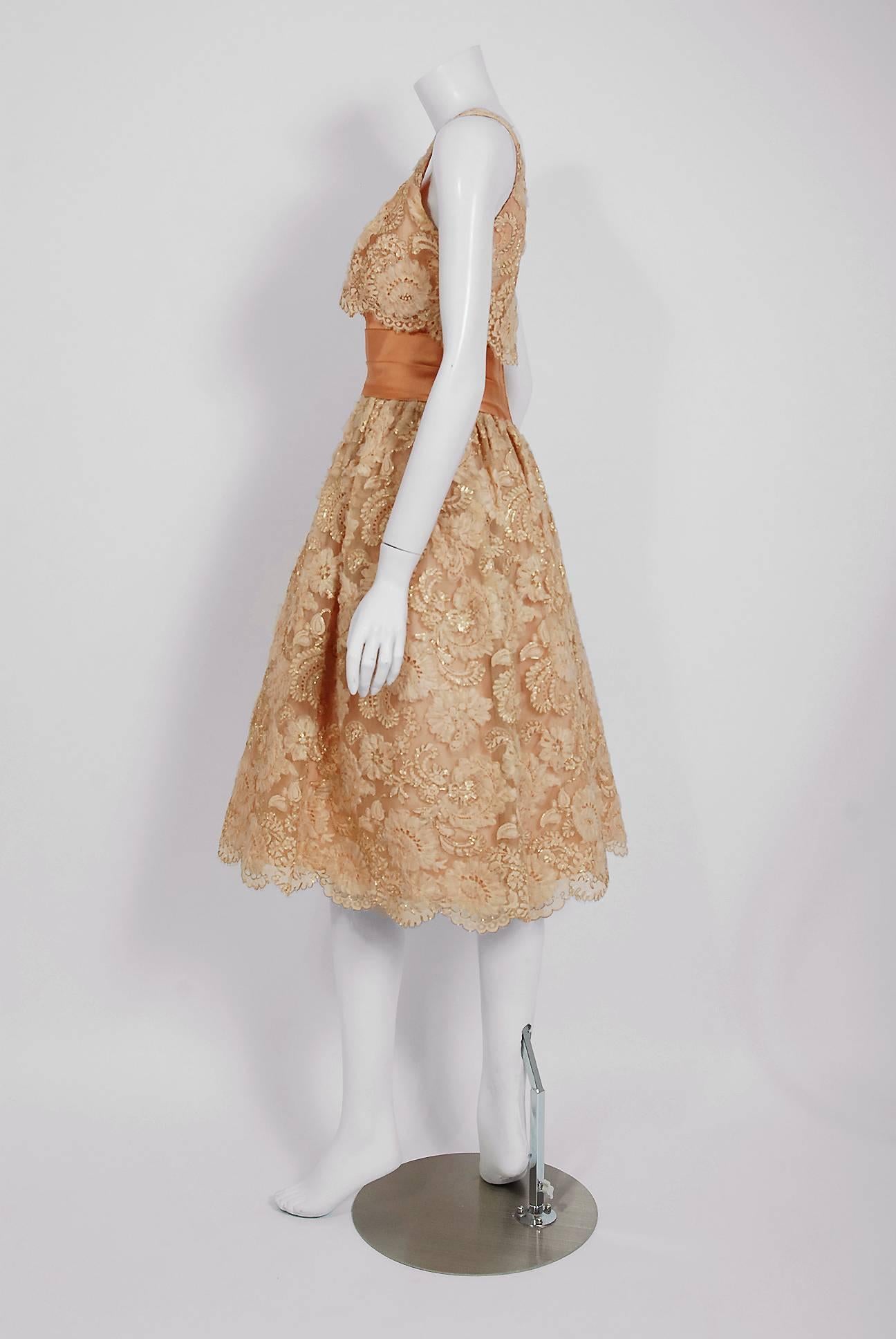 Brown Vintage 1950's Rudolf Couture Metallic Peach Lace & Satin Scalloped Party Dress For Sale