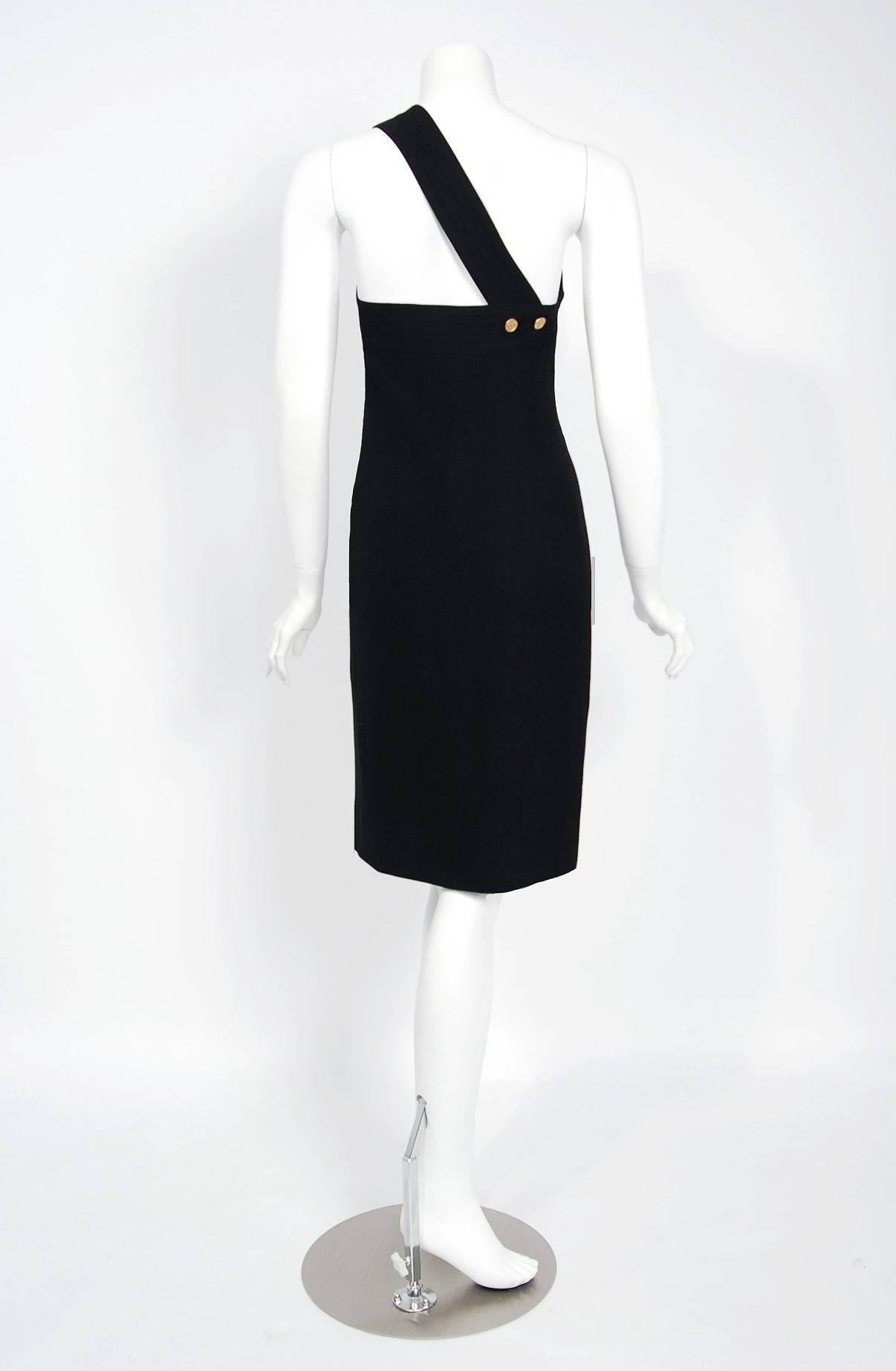 Women's Vintage 1995 Chanel Black Linen One Shoulder Asymmetric Double-Breasted Dress