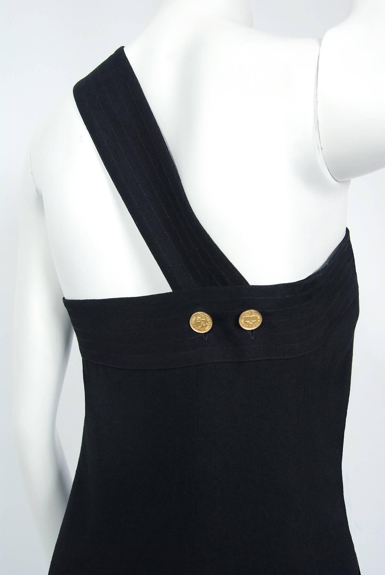 Vintage 1995 Chanel Black Linen One Shoulder Asymmetric Double-Breasted Dress 1