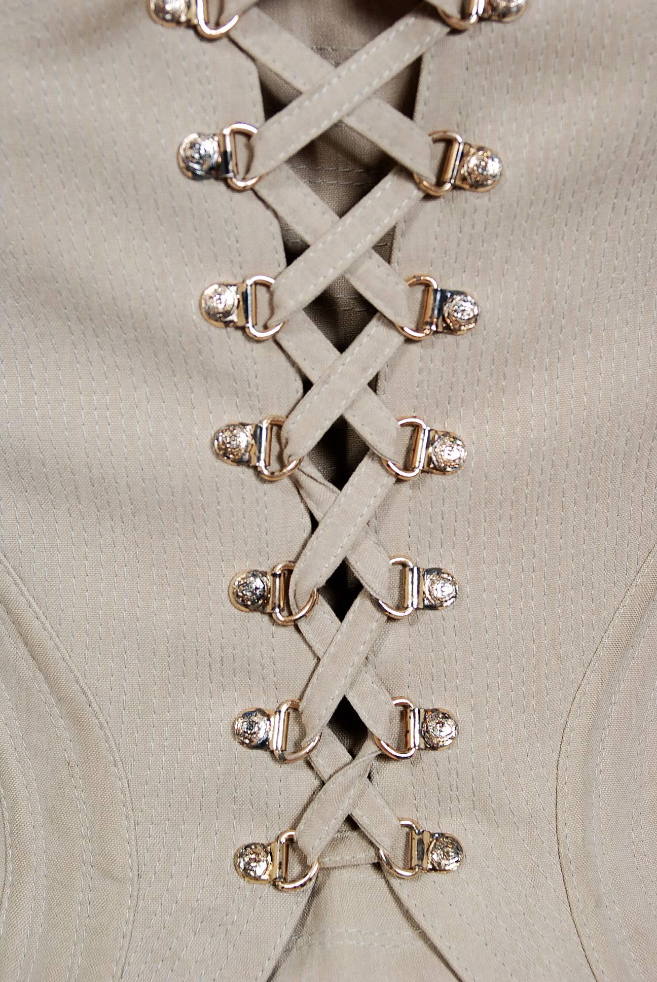 1995 Versace Couture Runway Khaki Silk Low-Plunge Corset Bodice w/ Original Tags 1