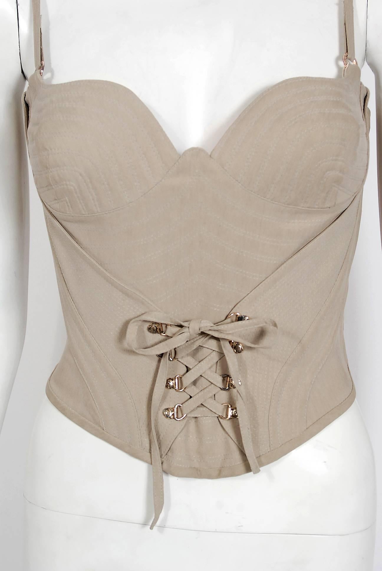 1995 Versace Couture Runway Khaki Silk Low-Plunge Corset Bodice w/ Original Tags In Excellent Condition In Beverly Hills, CA