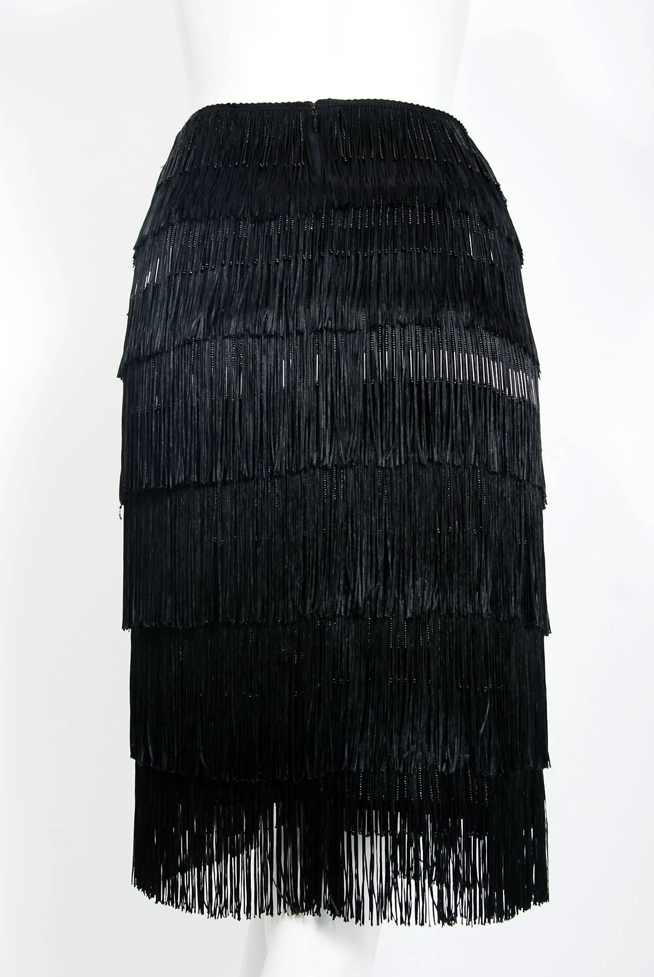 2005 Alexander McQueen Documented Black Beaded Silk Tiered Fringe Flapper Skirt 3