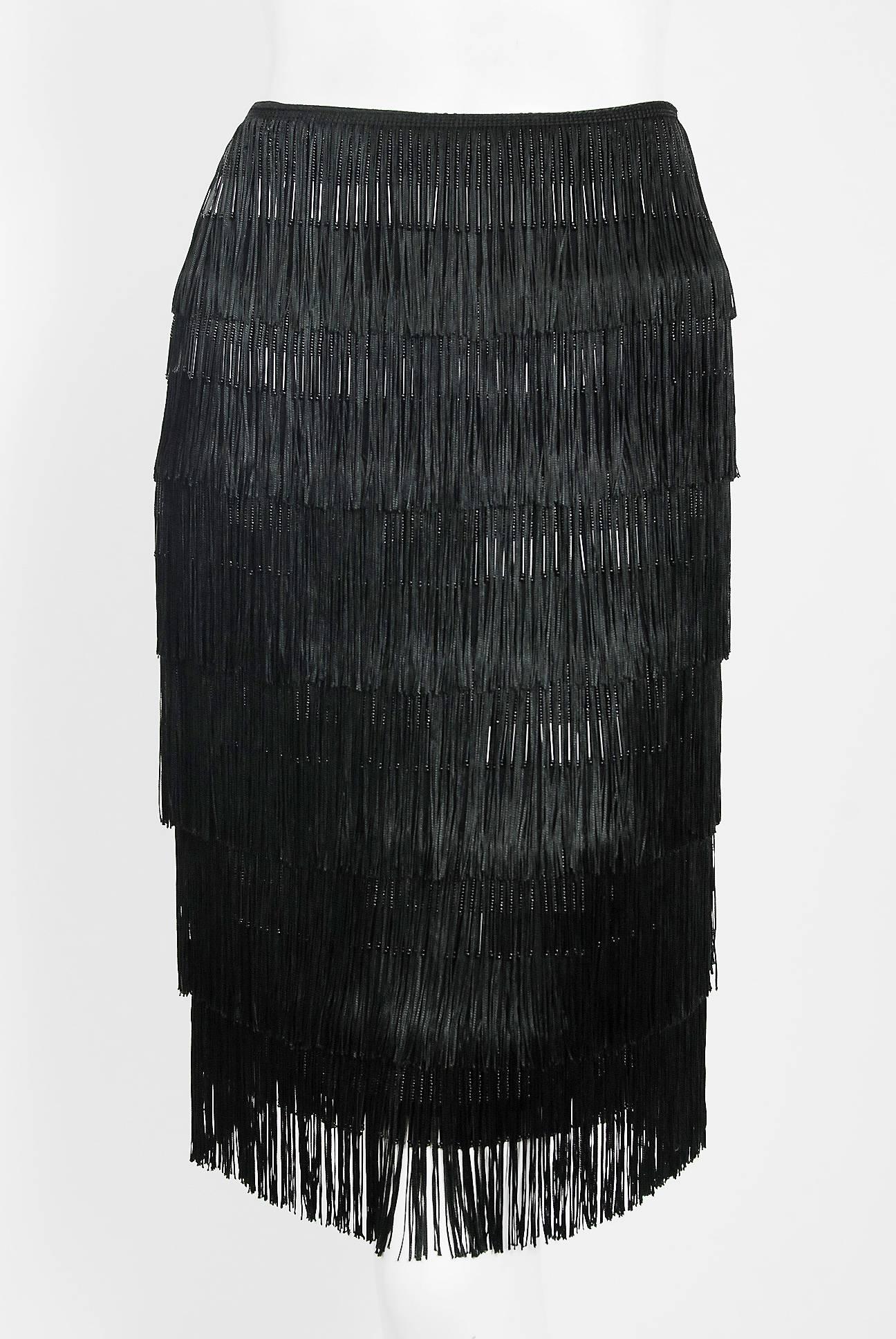 2005 Alexander McQueen Documented Black Beaded Silk Tiered Fringe Flapper Skirt In Excellent Condition In Beverly Hills, CA