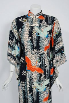 1940's Hawaiian Novelty Crane-Bird Tropical Print Silk Rayon Pake Muu Gown Dress