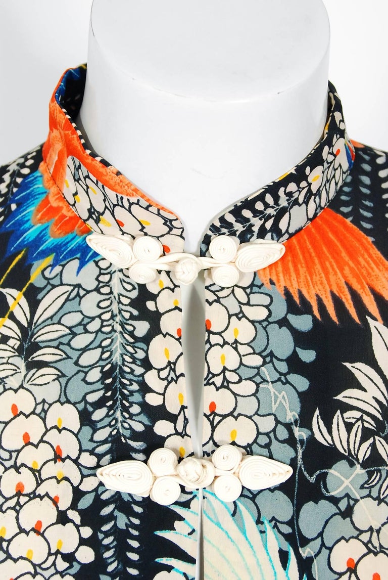 1940's Hawaiian Novelty CraneBird Tropical Print Silk Rayon Pake Muu