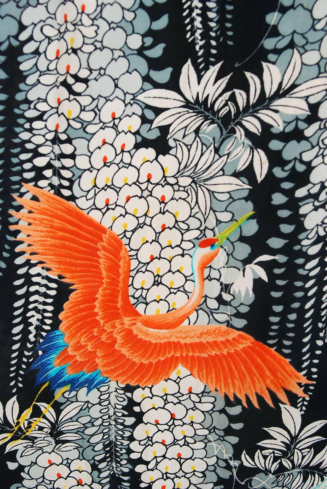 Gray 1940's Hawaiian Novelty Crane-Bird Tropical Print Silk Rayon Pake Muu Gown Dress