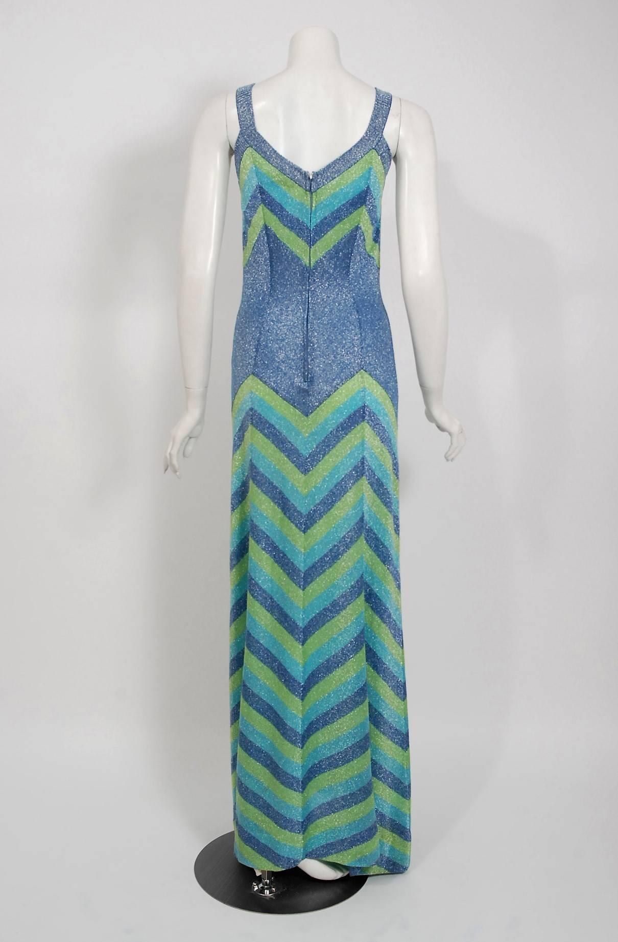 1972 Emilio Pucci Metallic Green Blue Stripe Knit Bias-Cut Plunge Maxi Dress 1