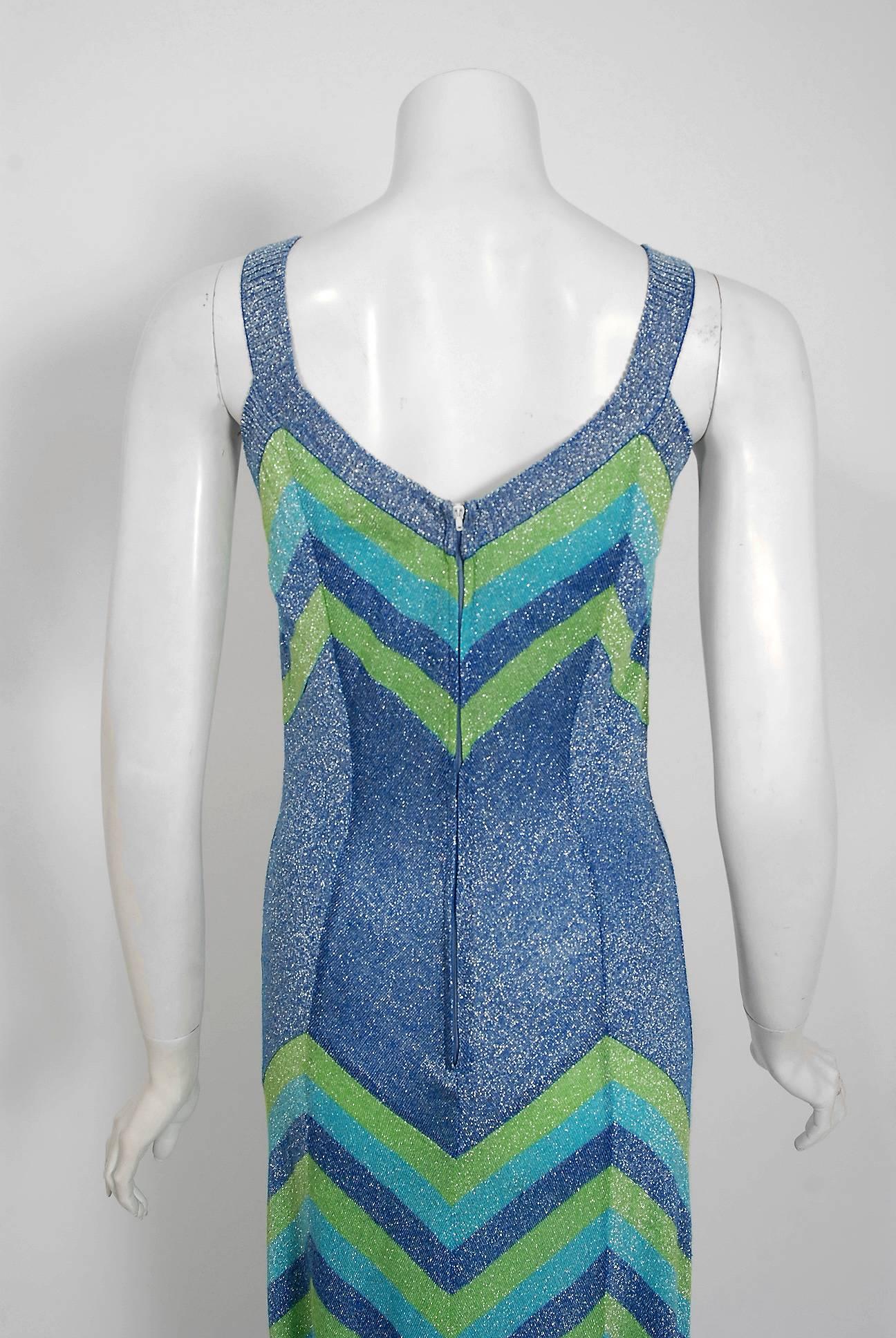 1972 Emilio Pucci Metallic Green Blue Stripe Knit Bias-Cut Plunge Maxi Dress 2