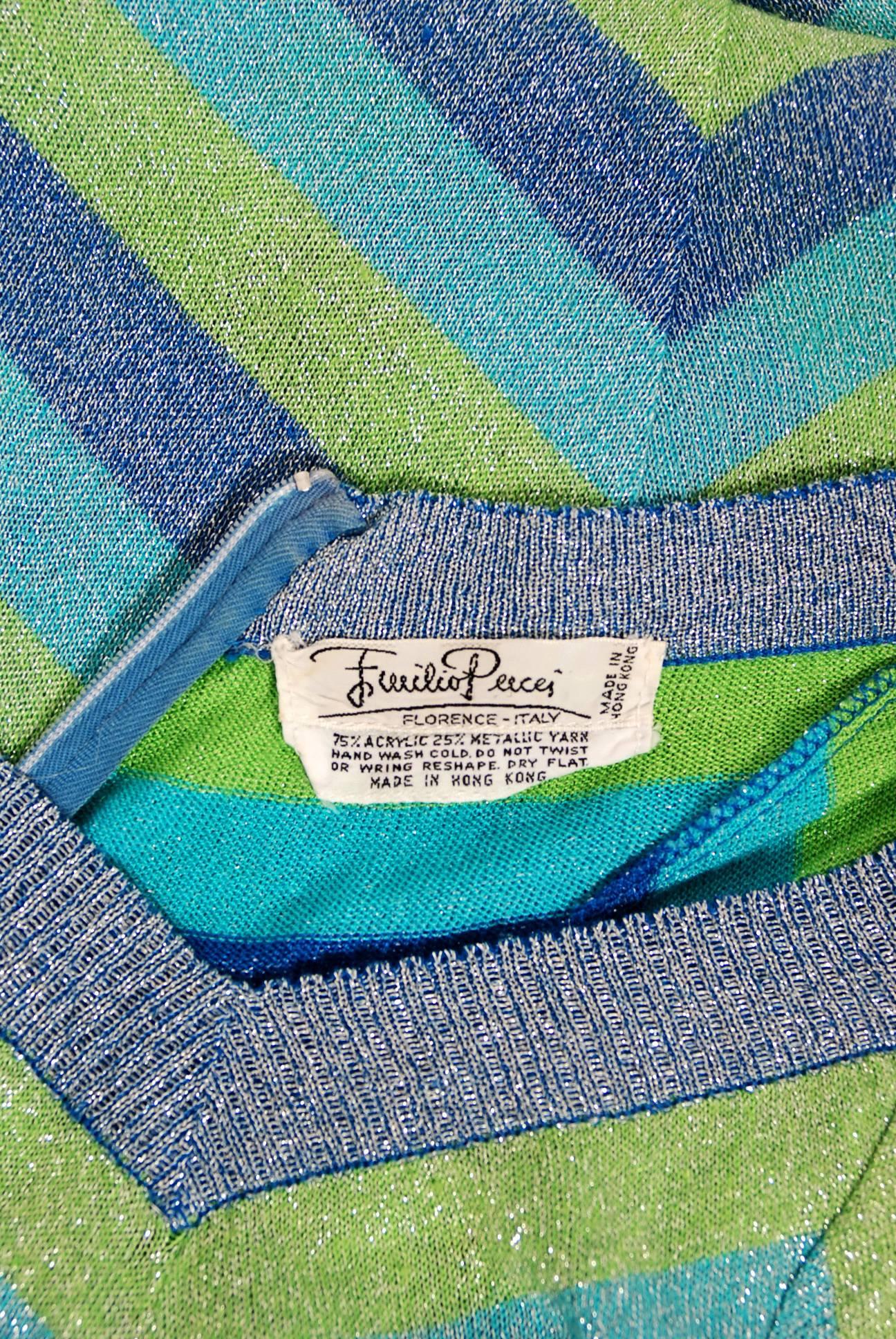 1972 Emilio Pucci Metallic Green Blue Stripe Knit Bias-Cut Plunge Maxi Dress 3