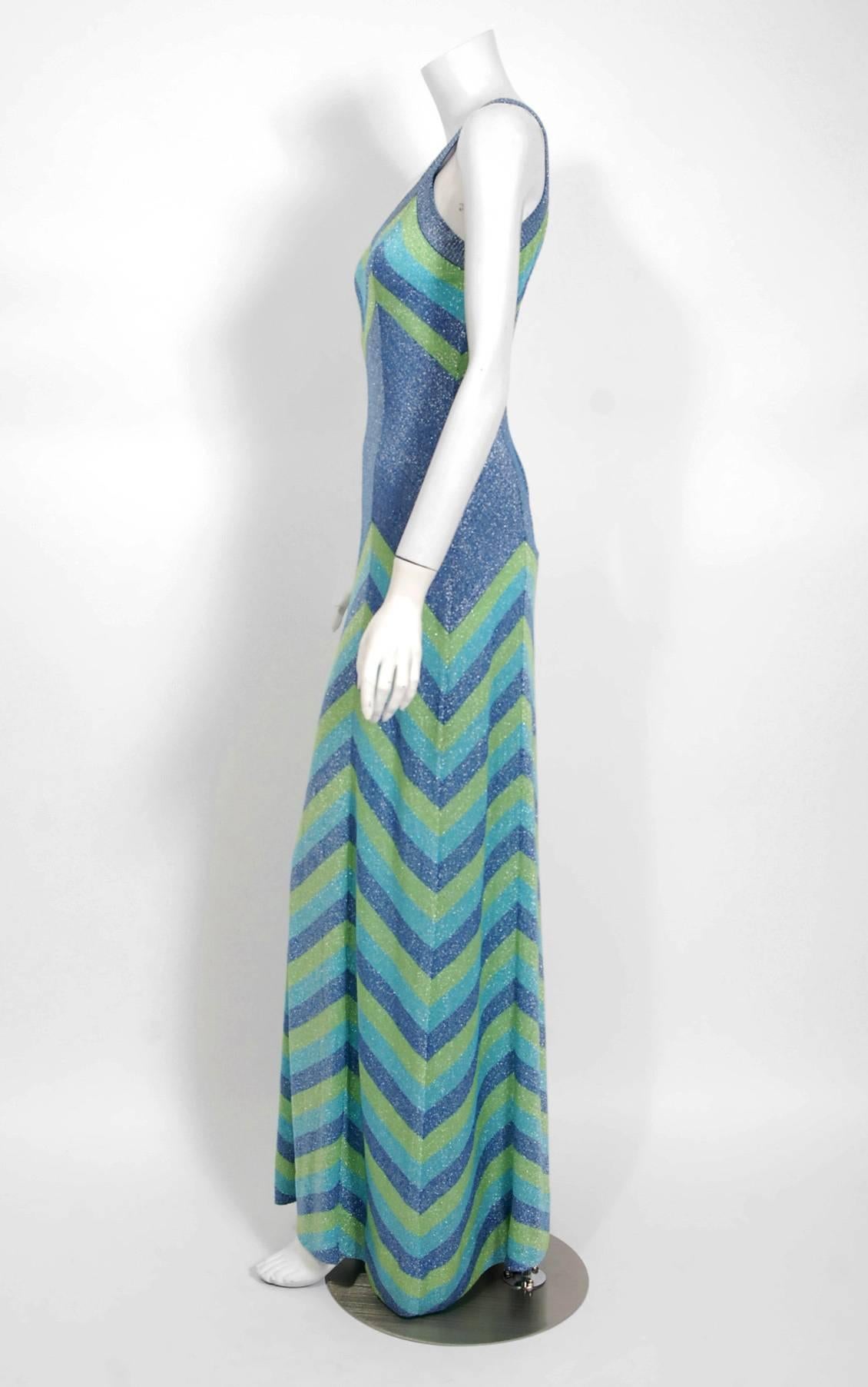Women's 1972 Emilio Pucci Metallic Green Blue Stripe Knit Bias-Cut Plunge Maxi Dress