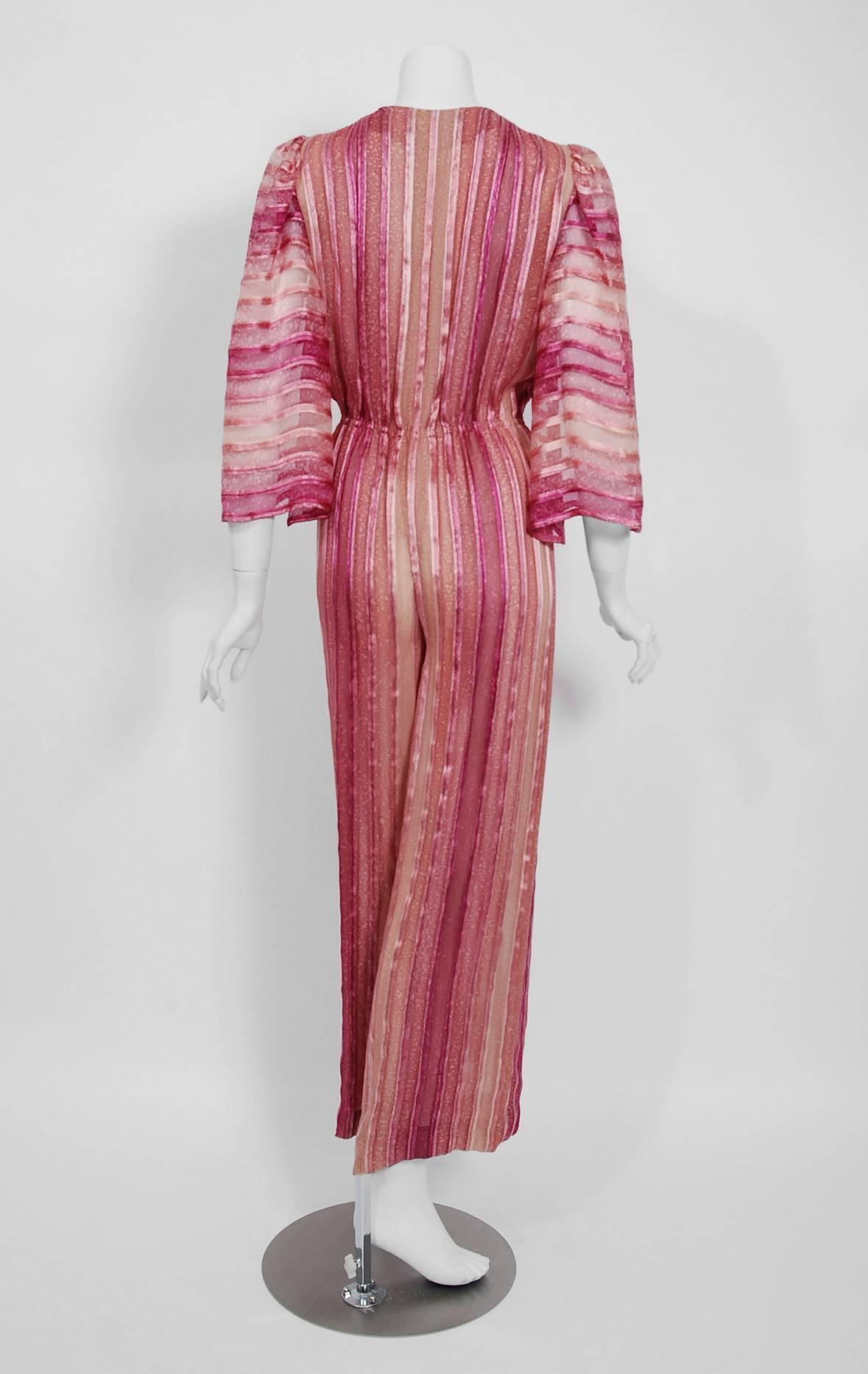 Vintage 1970's Pauline Trigere Rose Pink Striped Ombré Silk Low Plunge Jumpsuit 1