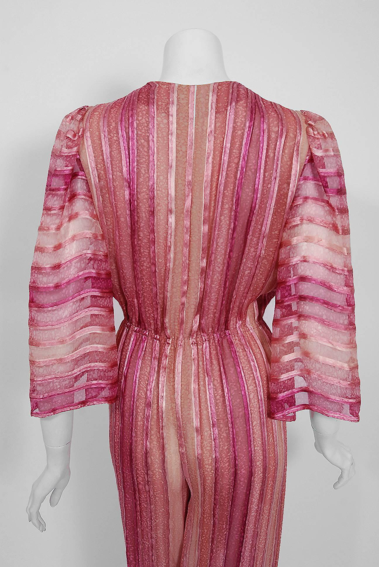 Vintage 1970's Pauline Trigere Rose Pink Striped Ombré Silk Low Plunge Jumpsuit 2