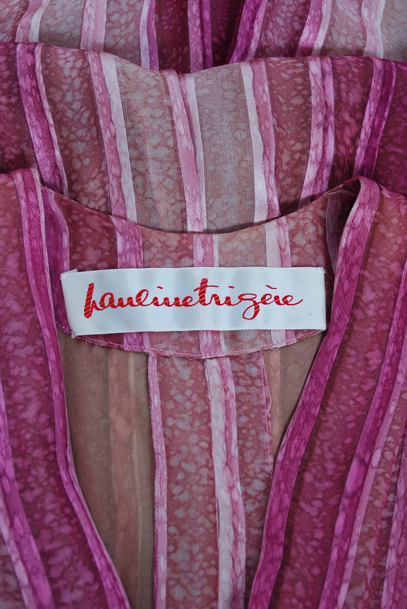 Vintage 1970's Pauline Trigere Rose Pink Striped Ombré Silk Low Plunge Jumpsuit 3